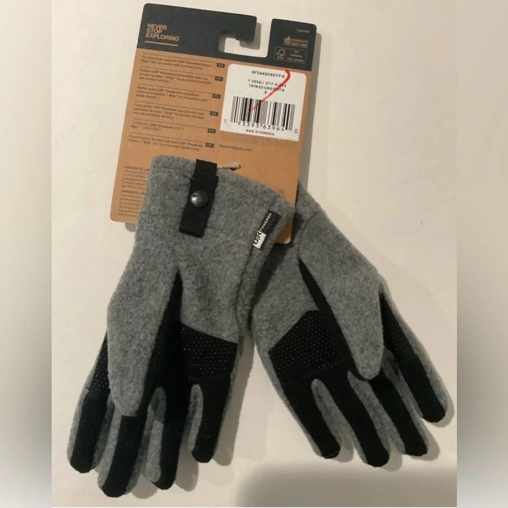 The North Face Youth Denali Etip Fleece Lined Tech Gloves Sz S Gray & Black NWT